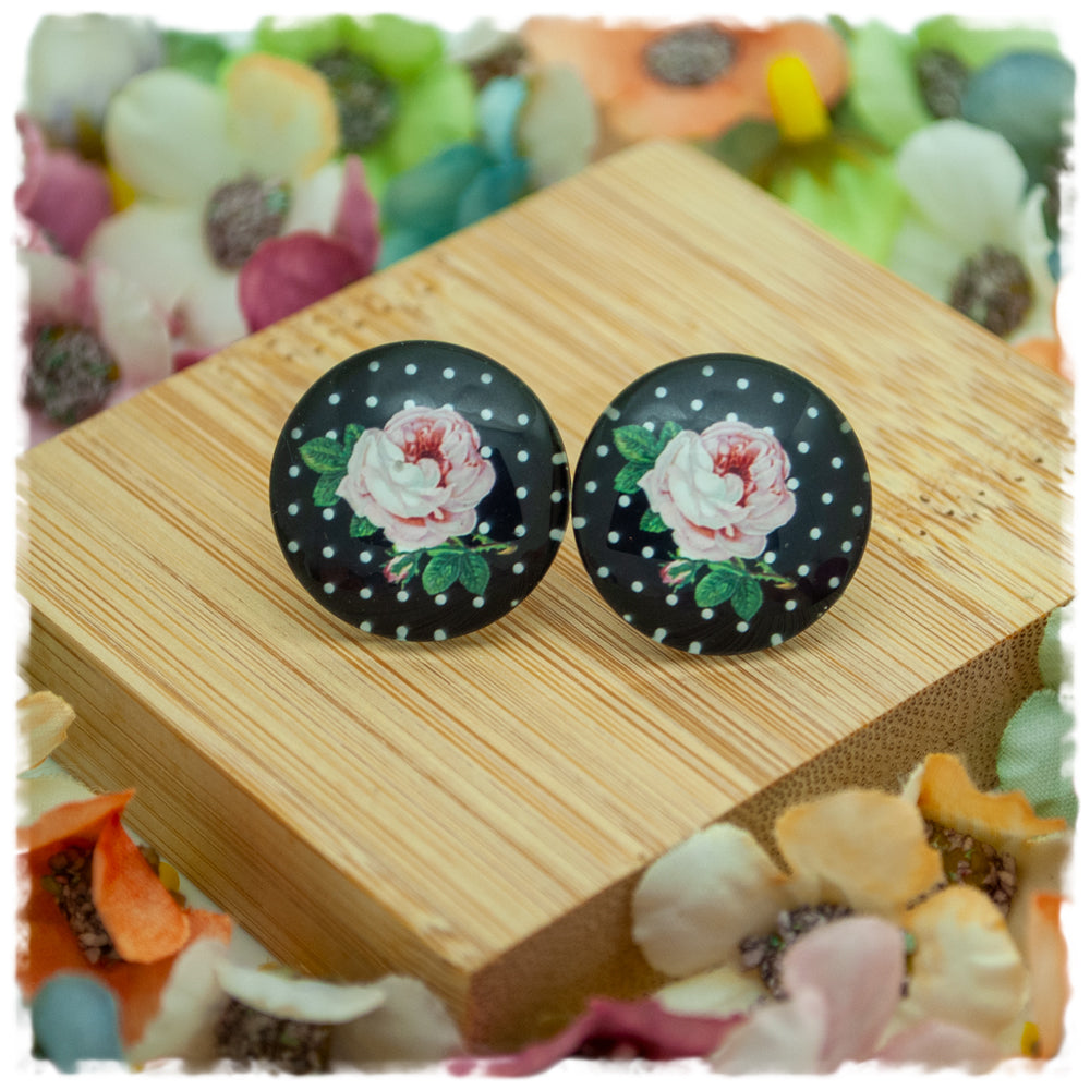 Ohrringe schwarz mit weißen Punkten und rosa Rose - Jackelina