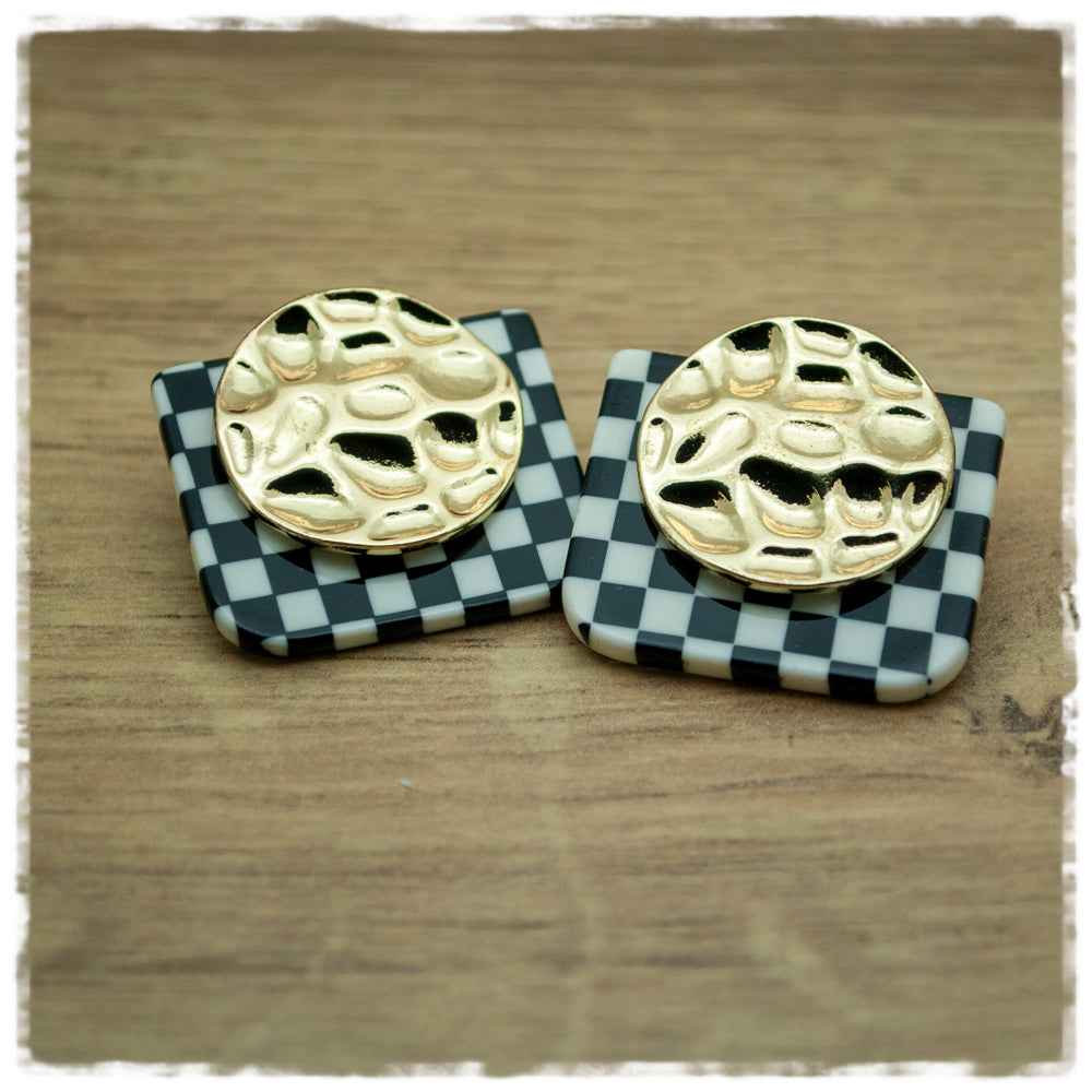 Ohrringe in 30 mm schwarz weiß kariert und golden