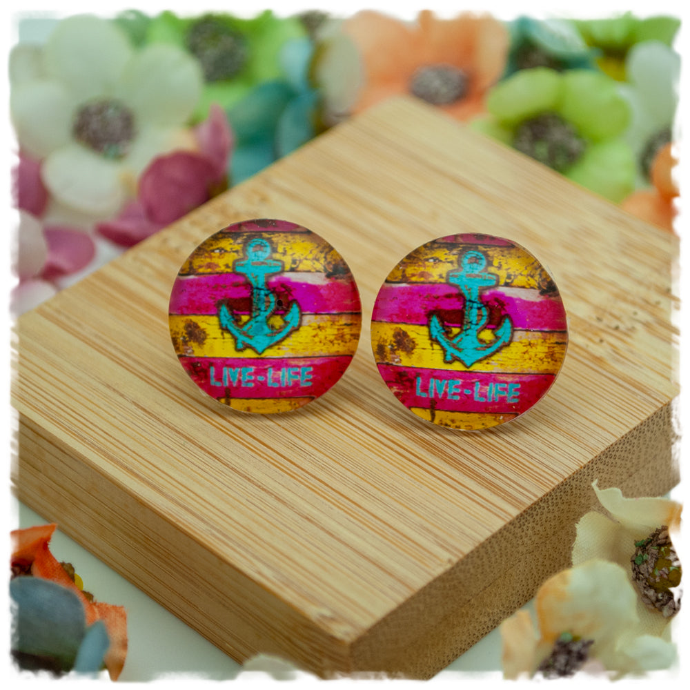 Ohrringe pink gelb gestreift mit türkisem Anker - Jackelina