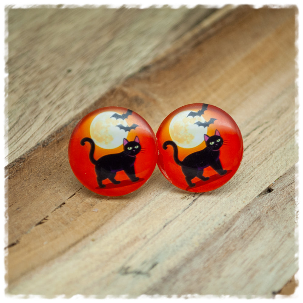 Ohrringe orange mit Katze, Mond und Fledermäusen