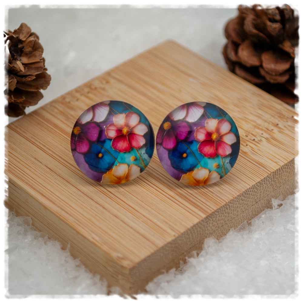Ohrringe petrol mit bunten Blüten
