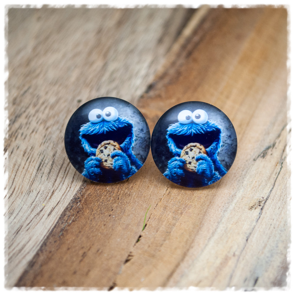 Ohrringe in 20 mm blaues Monster mit Keks