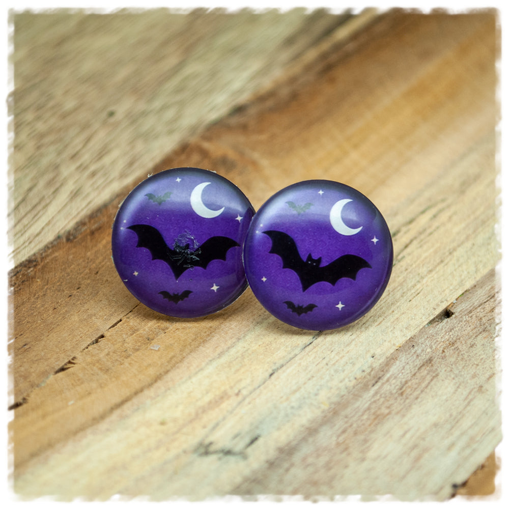 Ohrringe violett mit Fledermäusen und Mond