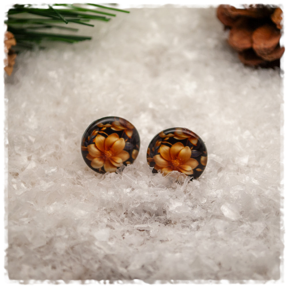 Ohrringe in 14 mm dunkelgrau mit goldenen Blumen