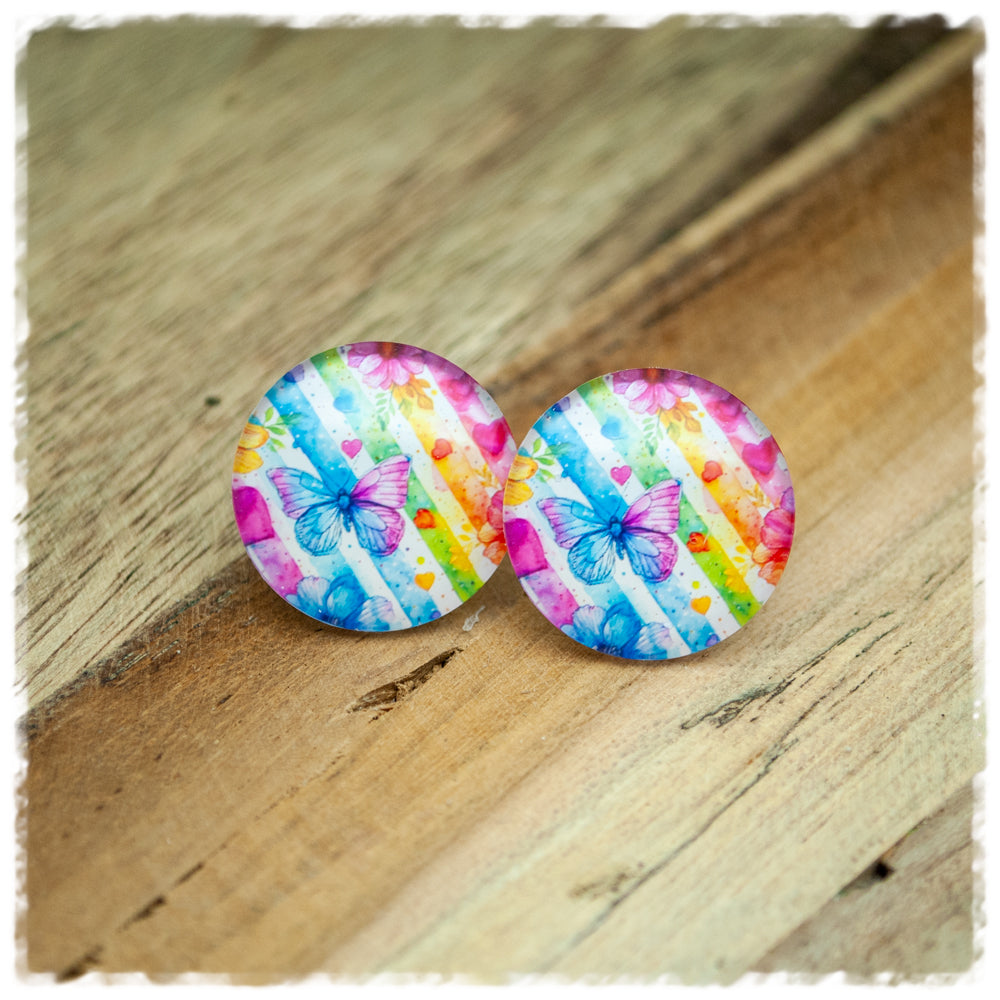 Ohrringe in 20 mm bunt gestreift mit Schmetterlingen