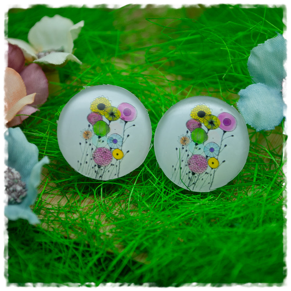 Ohrringe in 20 mm weiß mit verschiedenen bunten Blumen