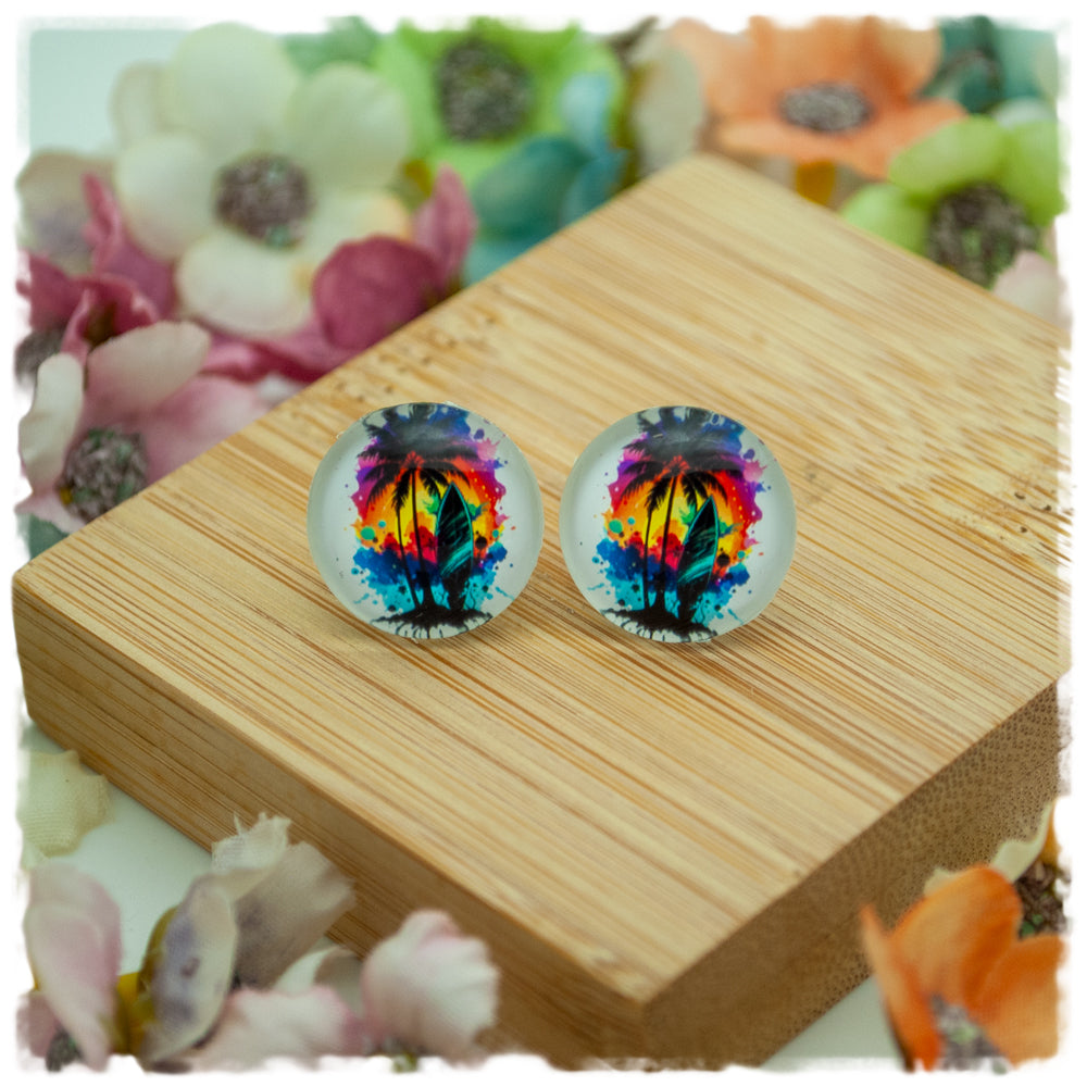 Ohrringe in 16 mm weiß mit Palme und Surfbrett - Jackelina