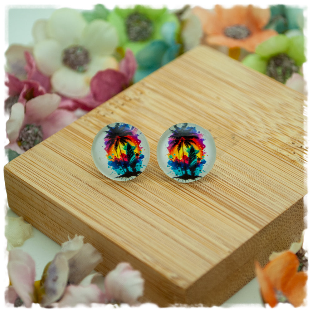 Ohrringe in 14 mm weiß mit Palme und Surfbrett - Jackelina