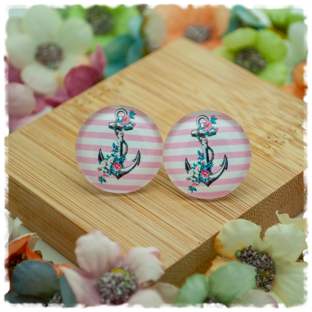 Ohrringe rosa weiß gestreift mit Anker und Blüten - Jackelina
