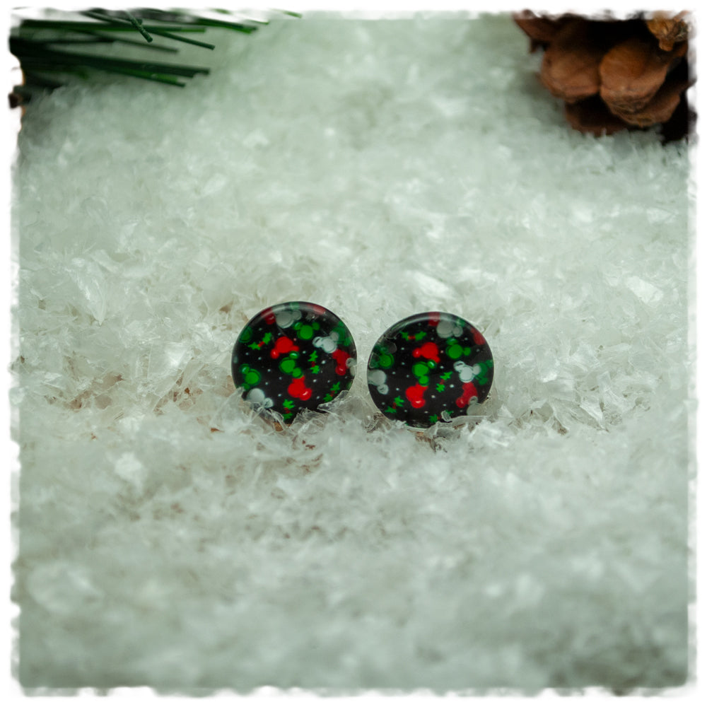 Ohrringe schwarz mit Mäusen in rot, grün und weiß