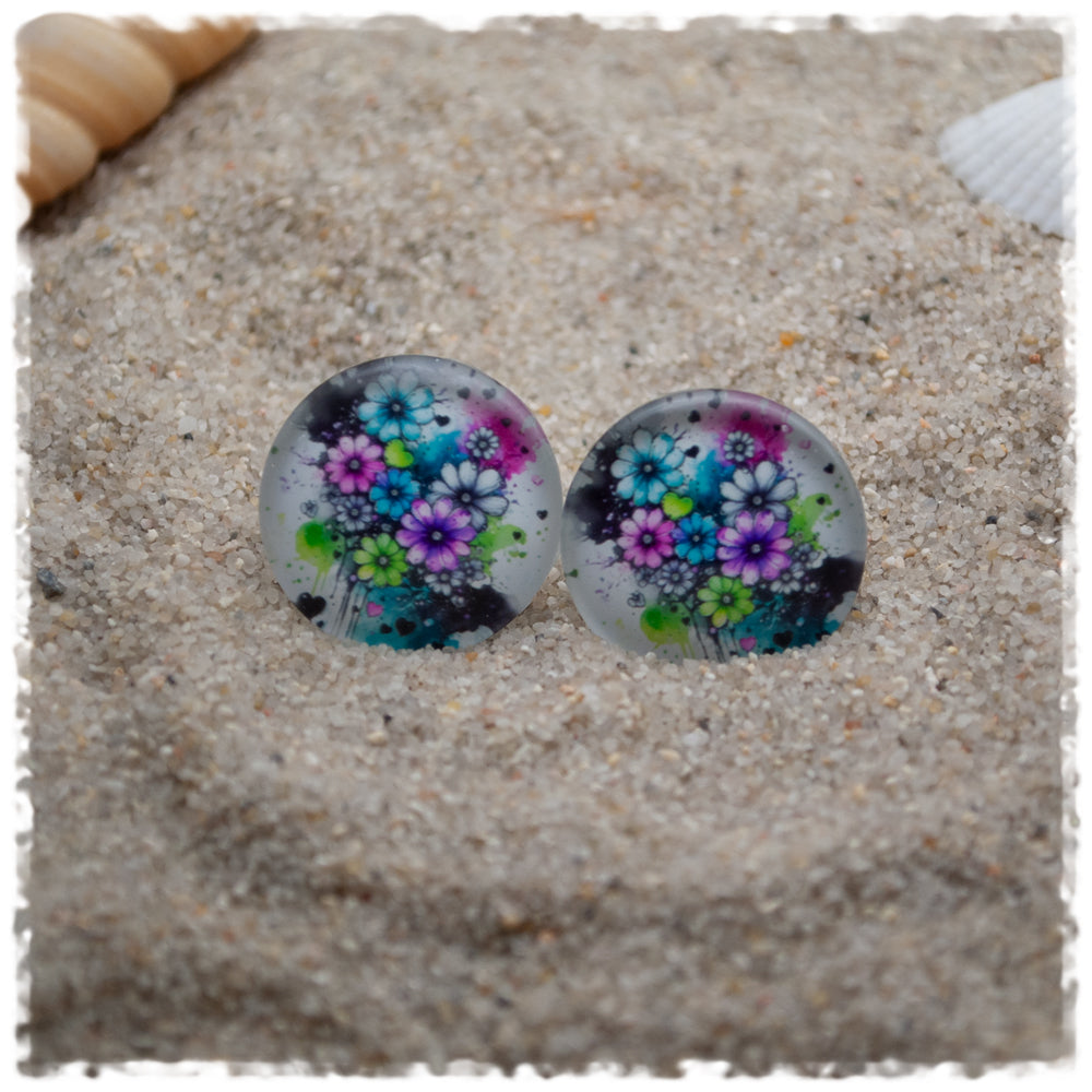 Ohrringe in 20 mm weiss mit bunten Blumen