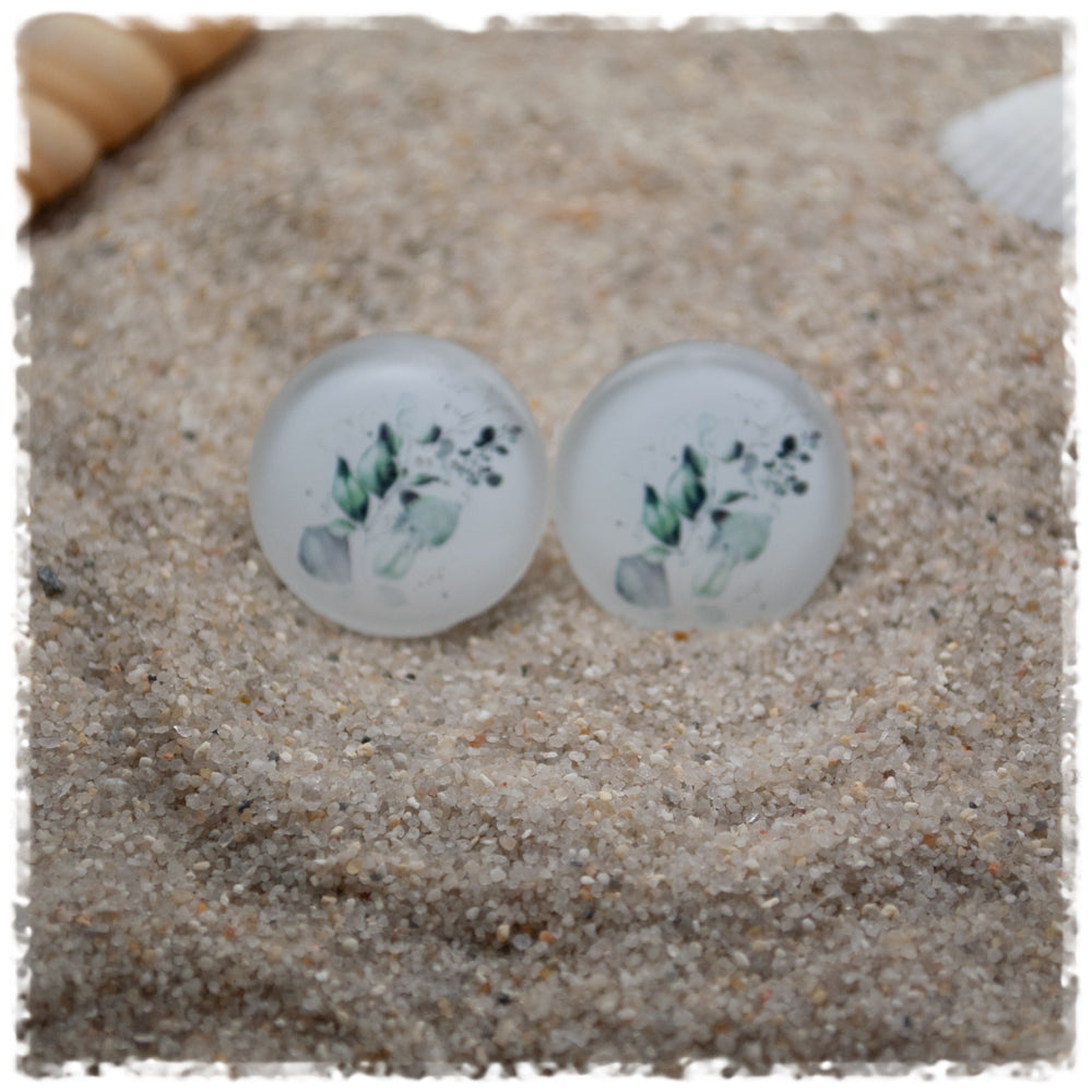 Ohrringe weiß mit grünen Blättern