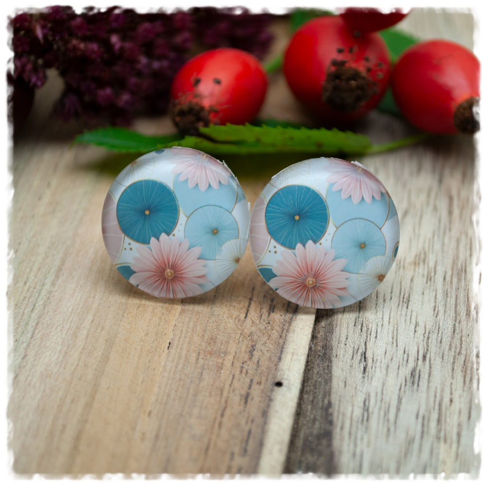 Ohrringe in 20 mm Kreise in petrol und hellblau mir Blüten