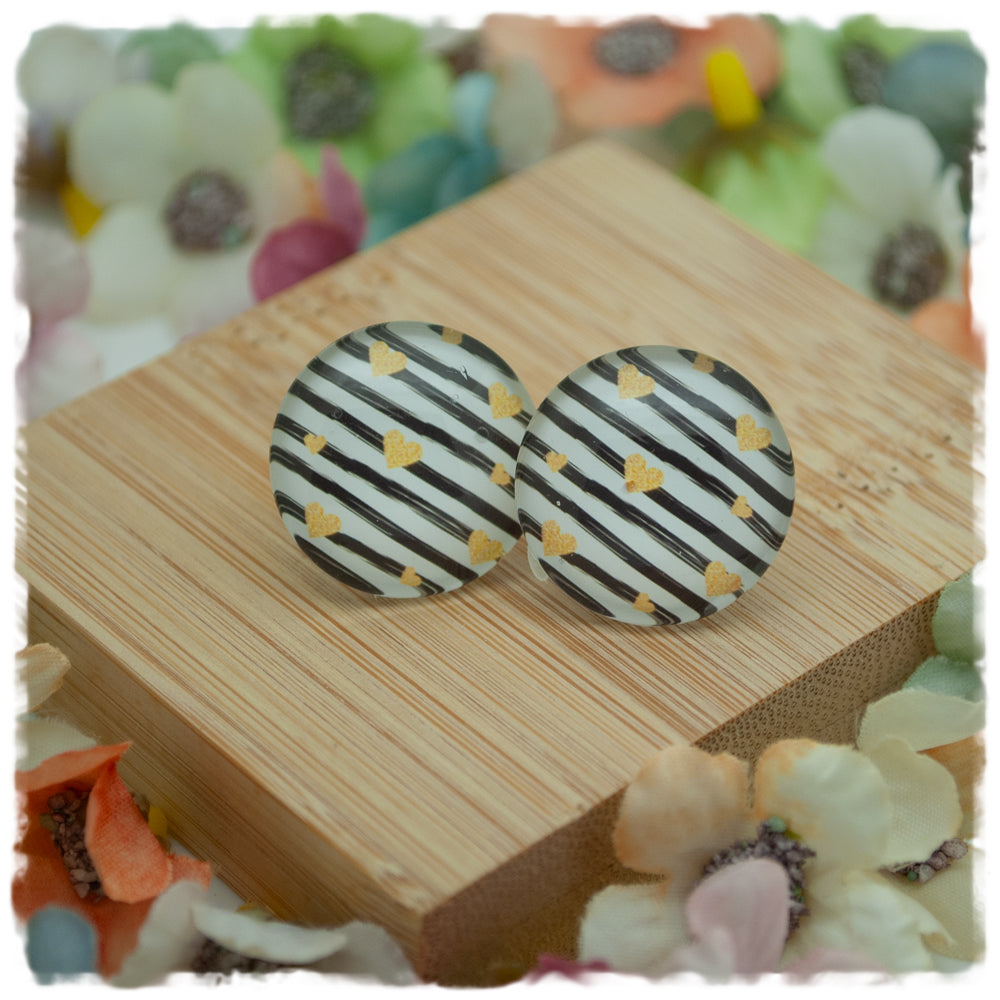 Ohrringe schwarz weiß gestreift mit gelben Herzen (AKTION) - Jackelina