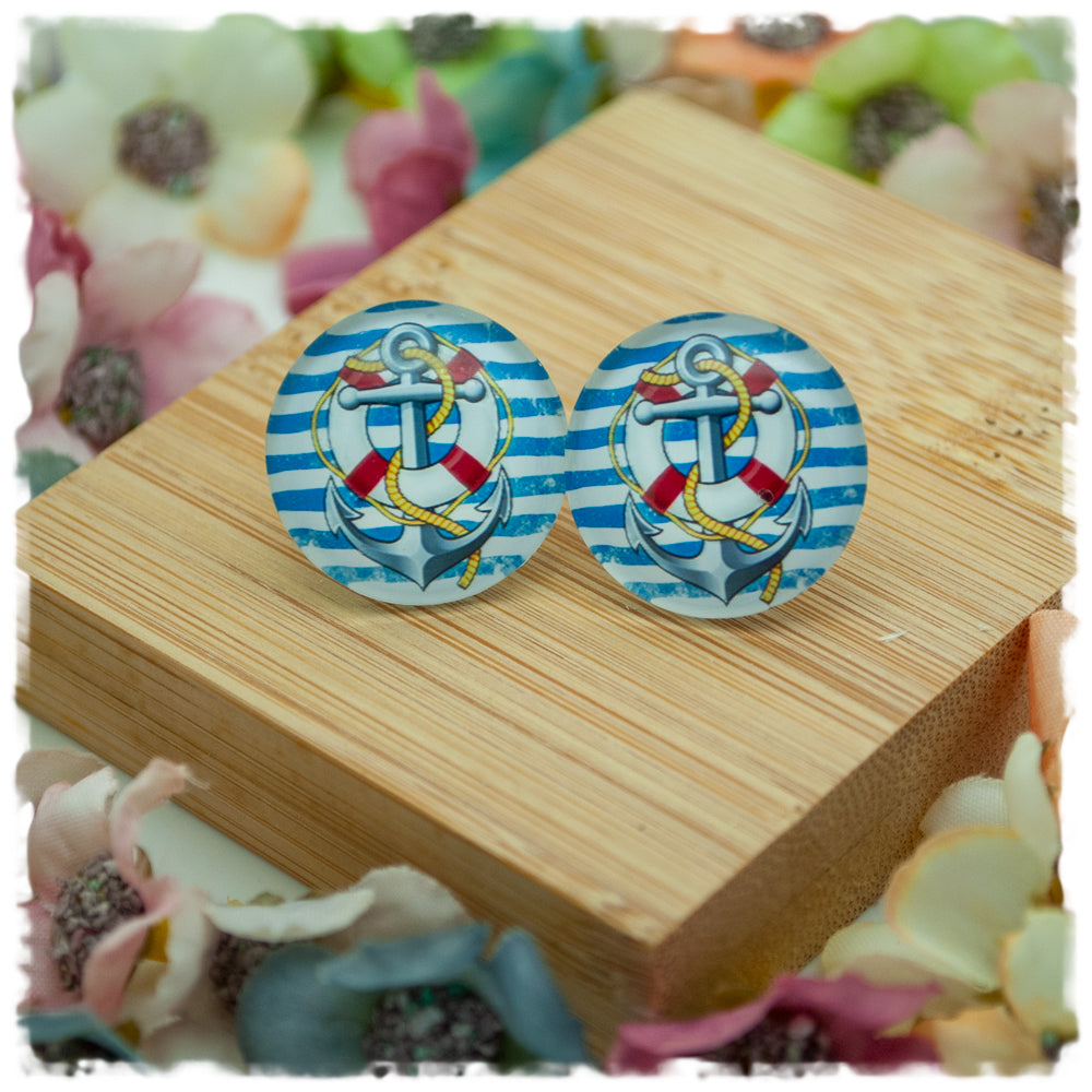 Ohrringe blau weiß gestreift mit Anker und Rettungsring - Jackelina