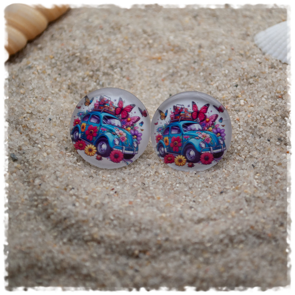 Ohrringe in 20 mm weiss mit bunten Blumen und kleinem Auto
