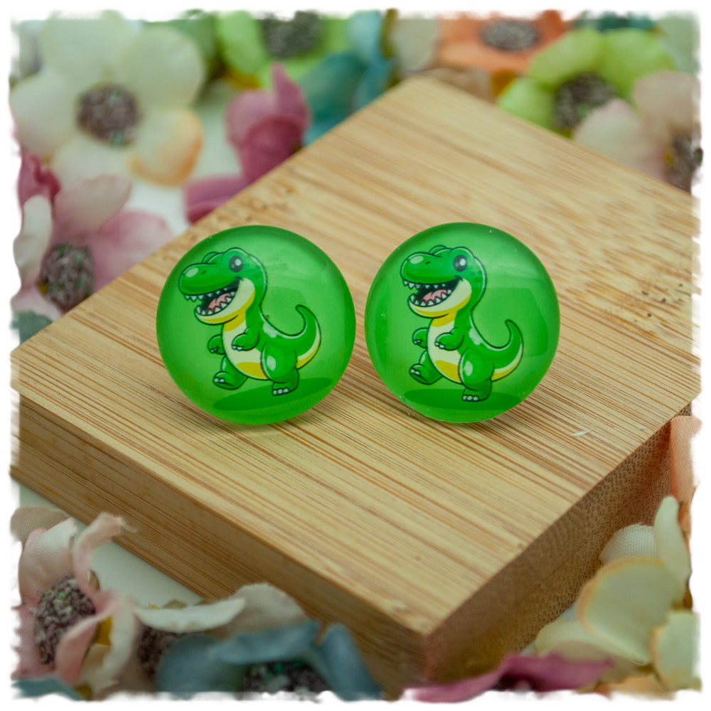 Ohrringe in 20 mm grün mit kleinem Dino - Jackelina