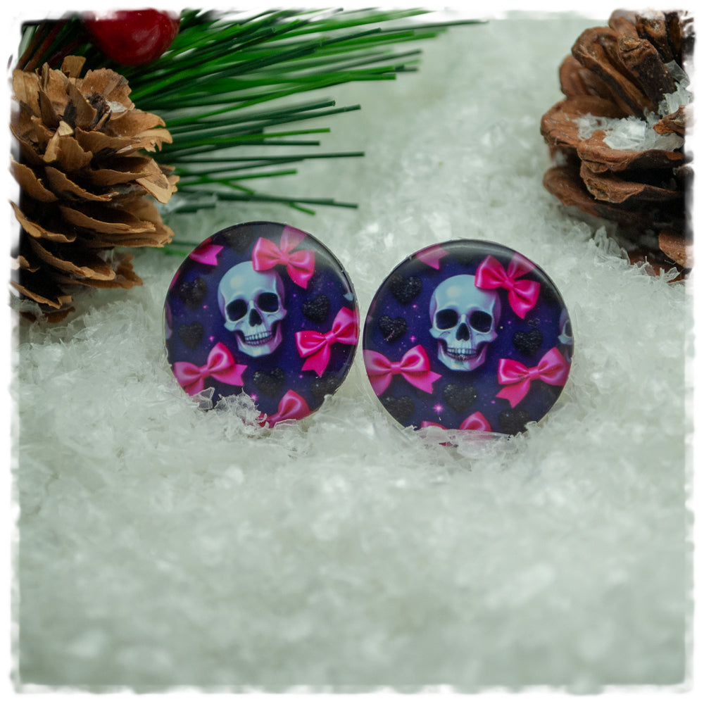 Ohrringe violett mit Herzen, Totenkopf und Schleifen