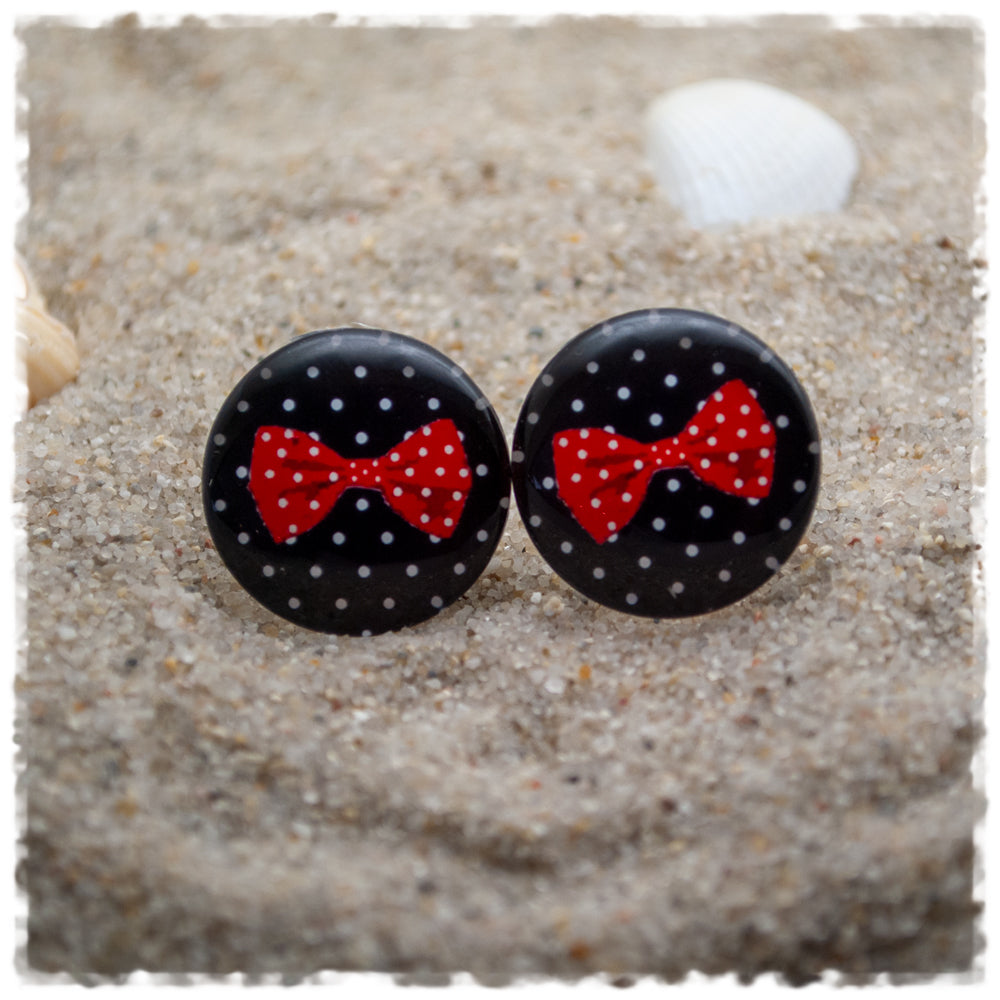 Ohrringe schwarz mit weißen Punkten und roter Schleife mit weißen Punkten - Jackelina