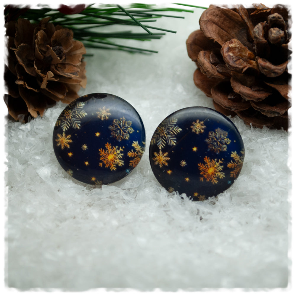 Ohrringe dunkelblau mit goldenen Schneeflocken