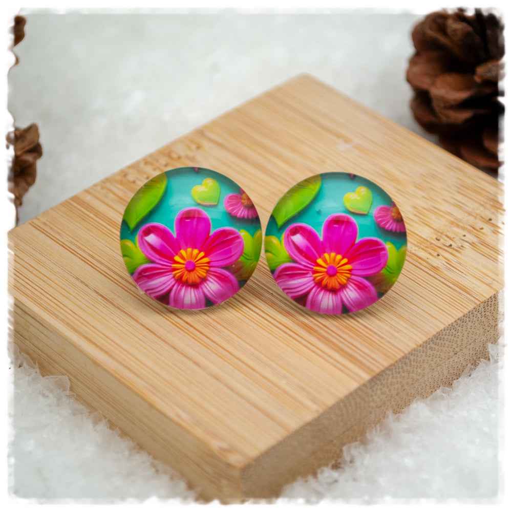 Ohrringe türkis mit pinker Blüte und grünen Blättern