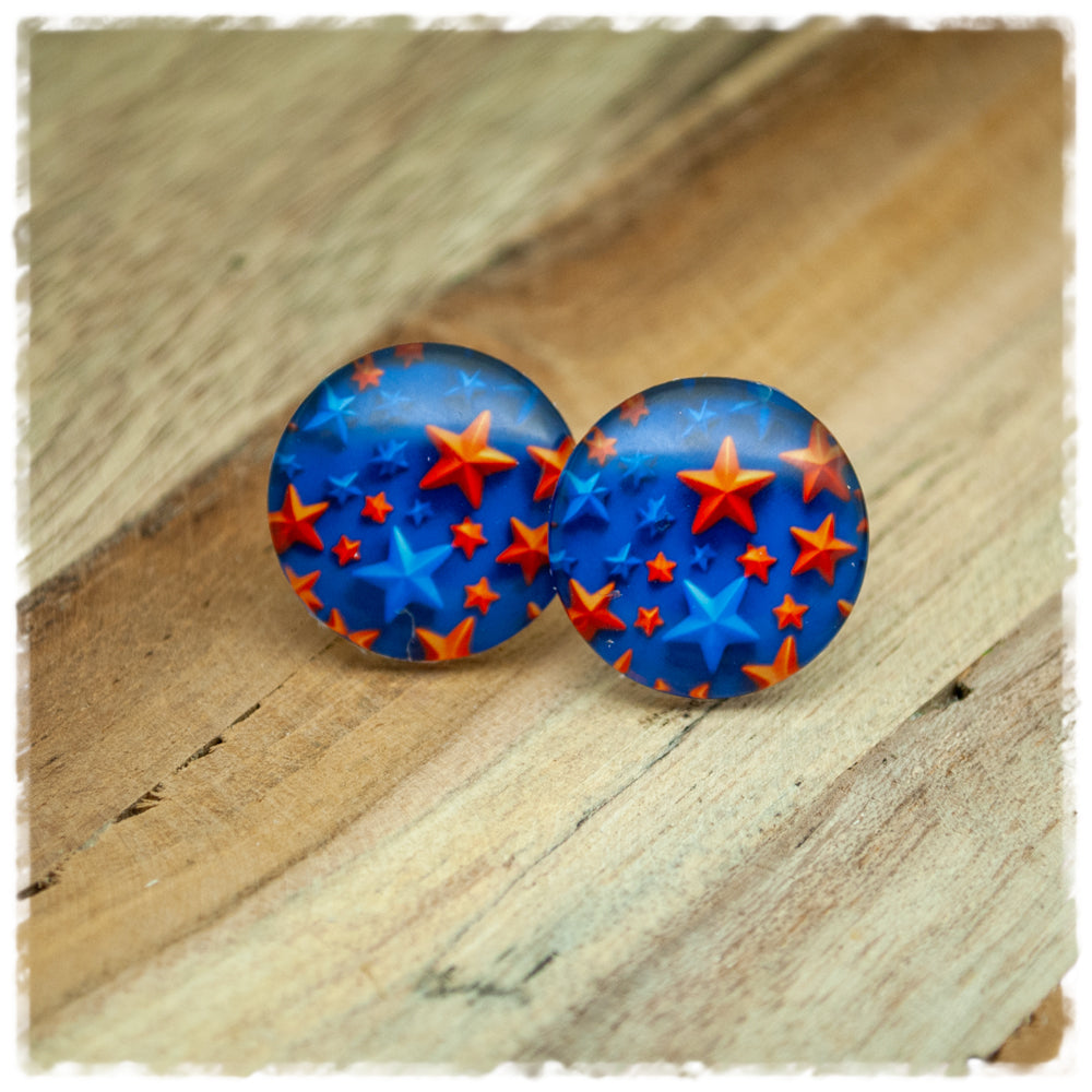 Ohrringe blau mit blauen und orangen Sternen