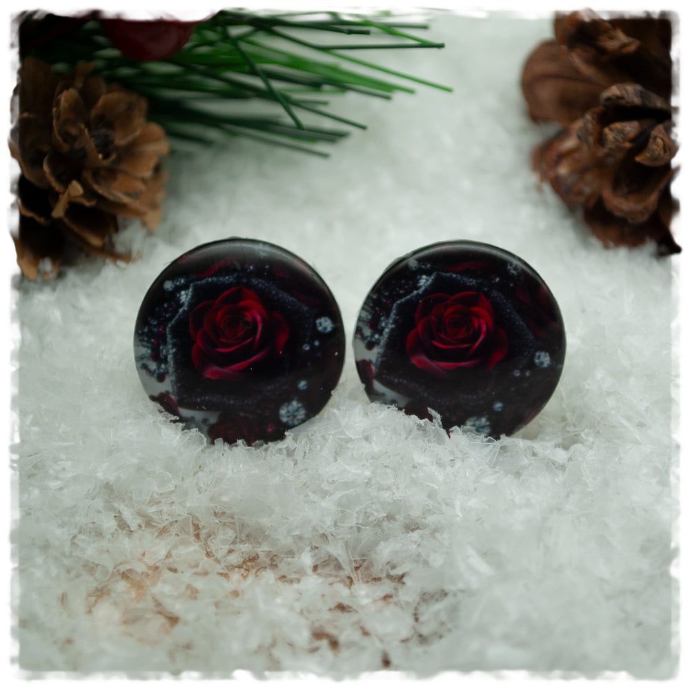 Ohrringe schwarz mit roter Rose