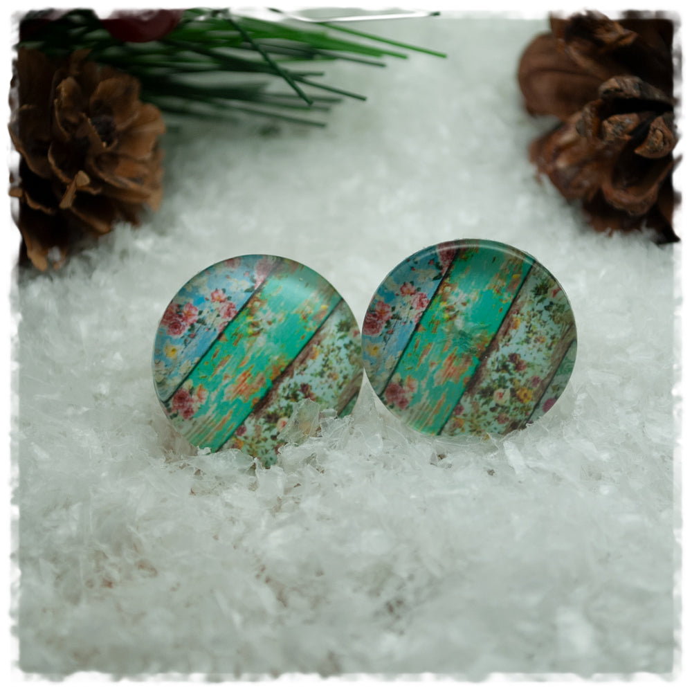 Ohrringe buntes Holzdekor mit Blumen