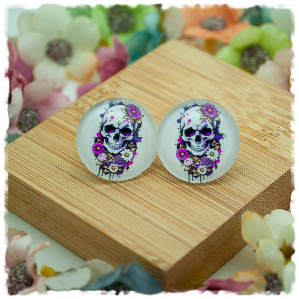 Ohrringe Totenkopf mit lila Blüten - Jackelina