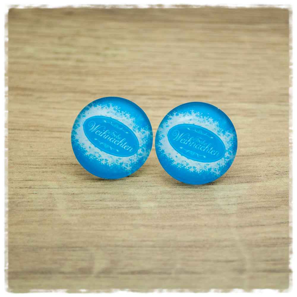 Ohrringe in 20 mm hellblau mit Frohe Weihnachten