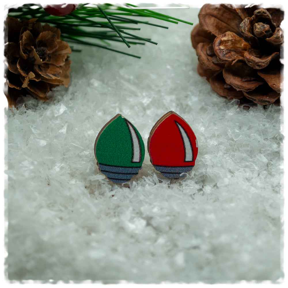 Holzohrringe in 14 mm rotes und grünes Licht