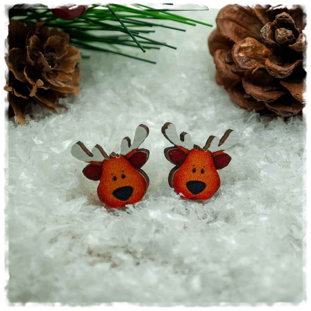 Holzohrringe in 14 mm Rentier mit weißem Geweih