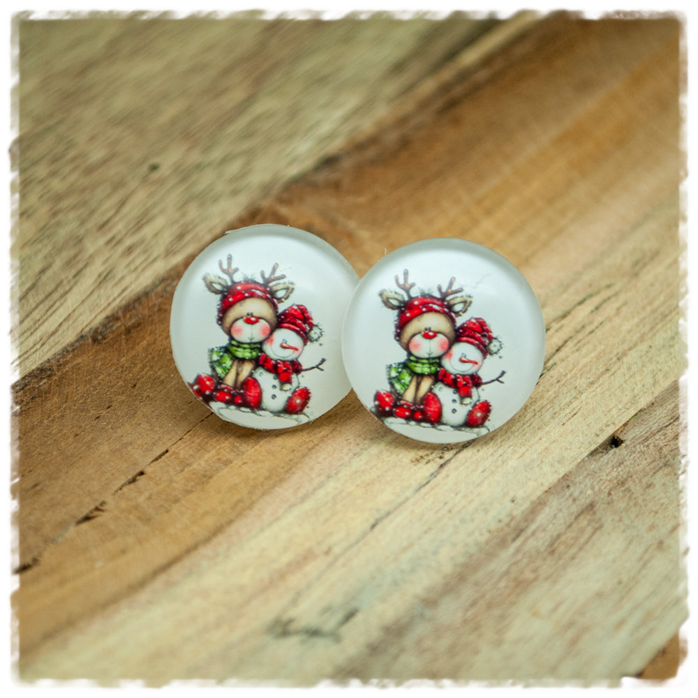Ohrringe beige mit Rentier und Schneemann
