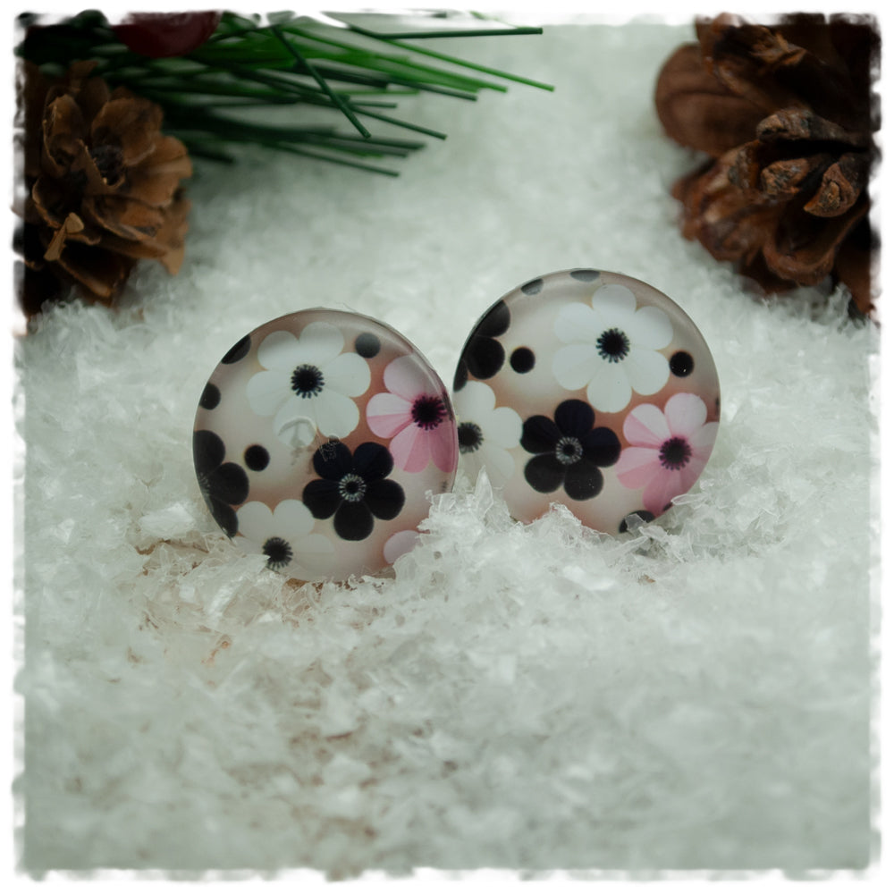 Ohrringe beige mit Blüten in rosa, schwarz und weiß