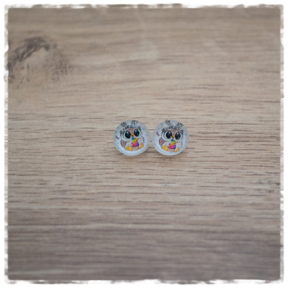 Ohrringe in 10 mm Eule mit Leoprintschleife