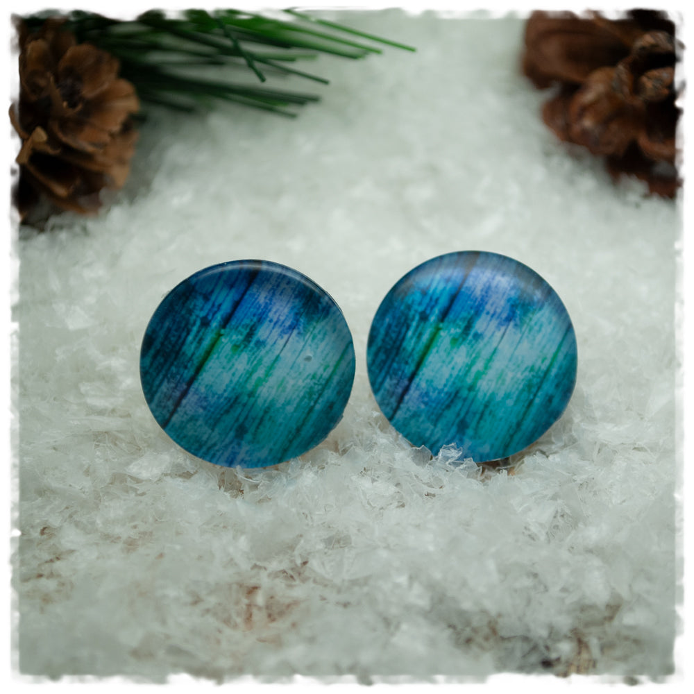 Ohrringe in 20 mm blaues Holzdekor