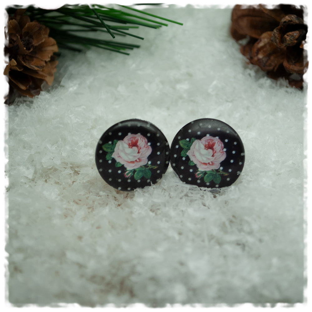 Ohrringe in 16 mm schwarz mit weißen Punkten und Rose