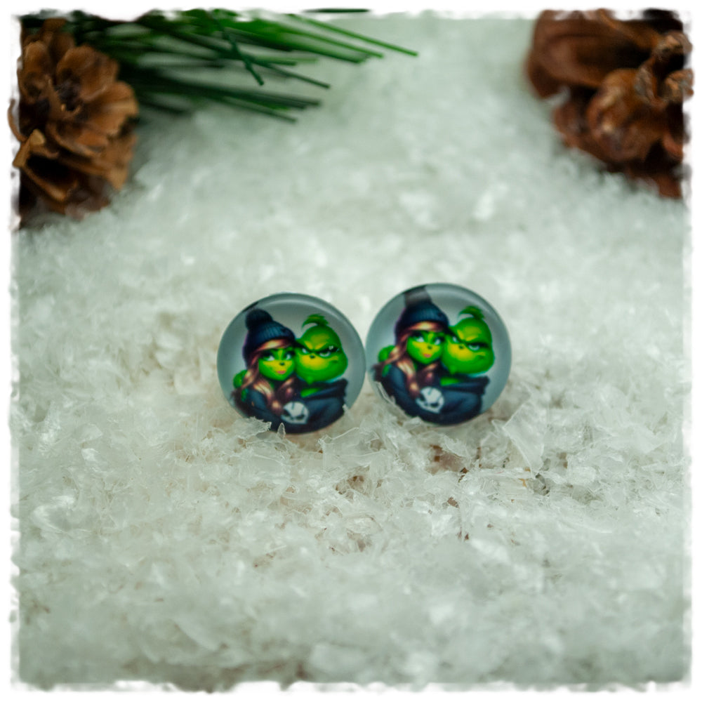 Ohrringe in 14 mm grau mit grünen Monstern