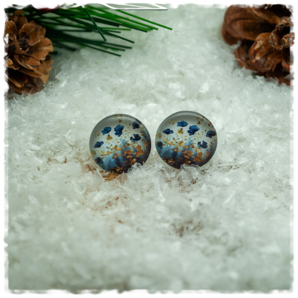 Ohrringe in 14 mm beige mit blauen Blumen
