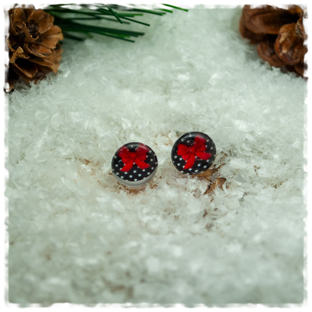 Ohrringe in 10 mm schwarz mit weißen Punkten und roter Schleife (B-WARE)