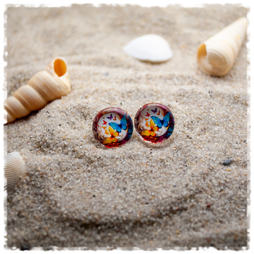 Ohrringe 15mm rot weiß mit gelben und blauen Schmetterlingen - Jackelina