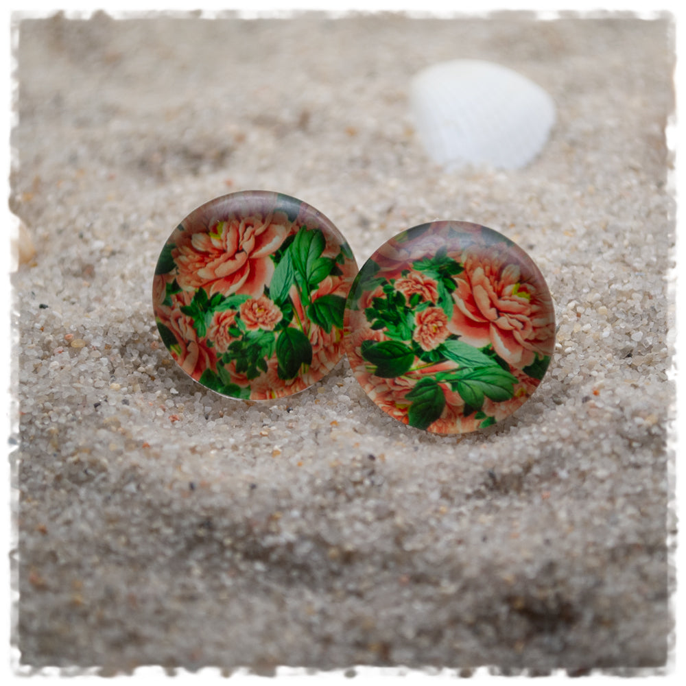 Ohrringe in 20 mm mit Blüten in apricot und grünen Blättern