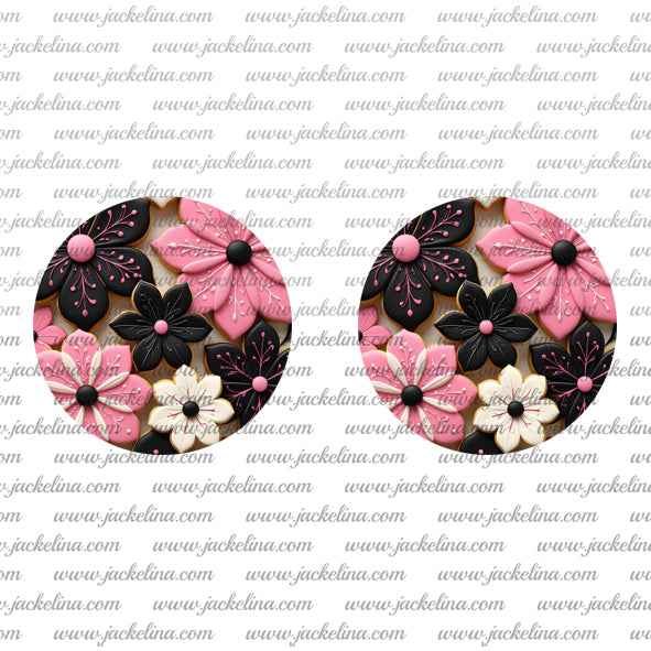 Ohrringe beige mit Blüten in schwarz und rosa