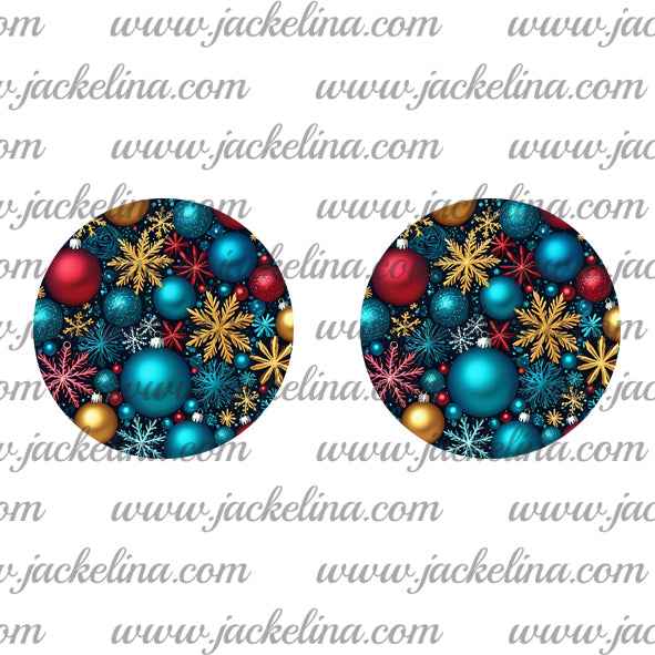 Ohrringe blau mit roten und blauen Weihnachtskugeln und goldenen Schneeflocken