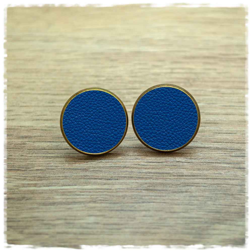 Lederohrringe blau mit Fassung in bronze