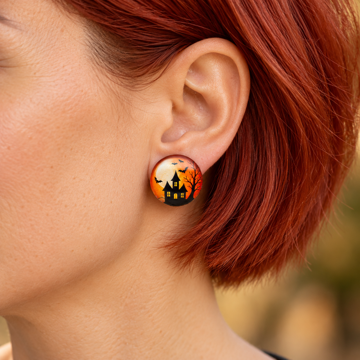 Tragebild: Ohrringe orange mit Geisterhaus und Fledermäusen, 20 mm, am Ohr einer Frau.