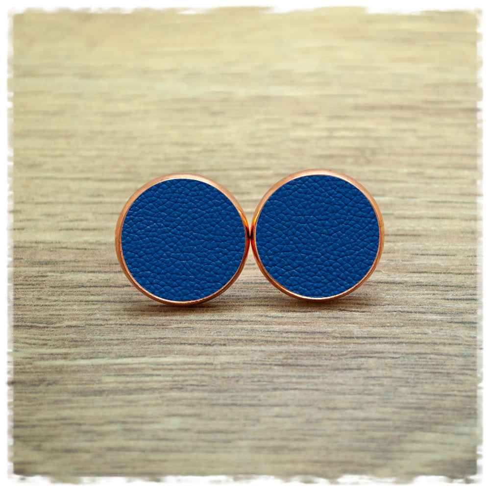 Lederohrringe blau mit Fassung in roségold