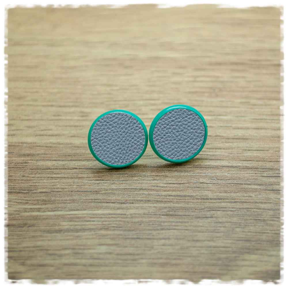 Lederohrringe 14mm graublau mit Fassung in türkis