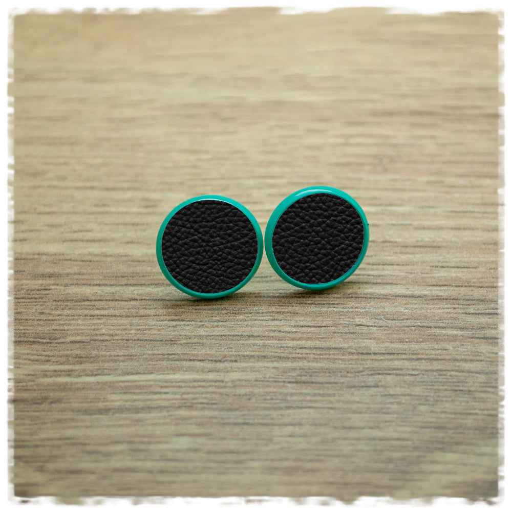 Lederohrringe 14mm schwarz mit Fassung in türkis