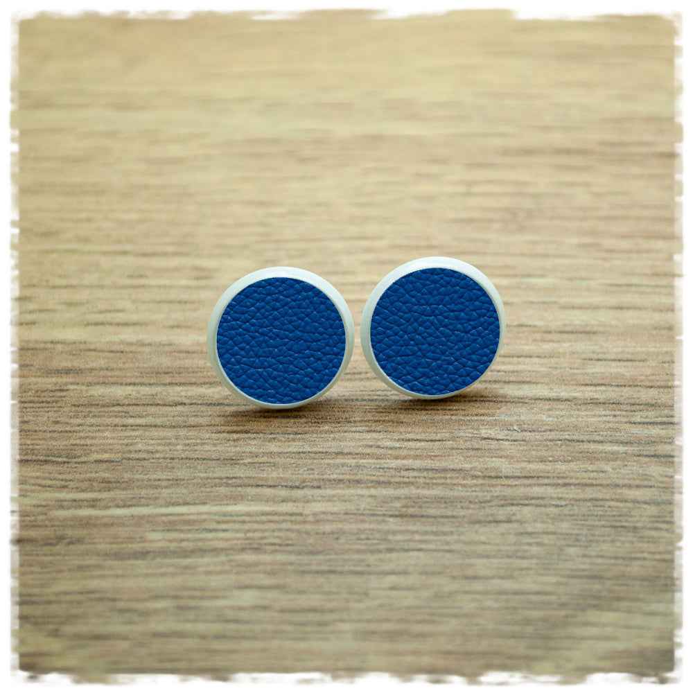 Lederohrringe 14mm blau mit Fassung in weiß